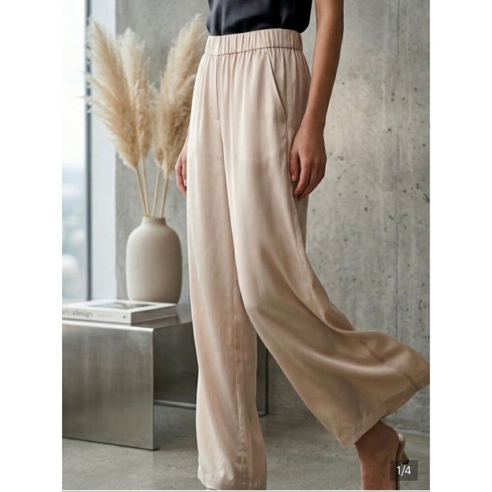 H&M Tan Satin Elastic Waist Wide Leg Pull-On Casual Trouser Pants Size XL